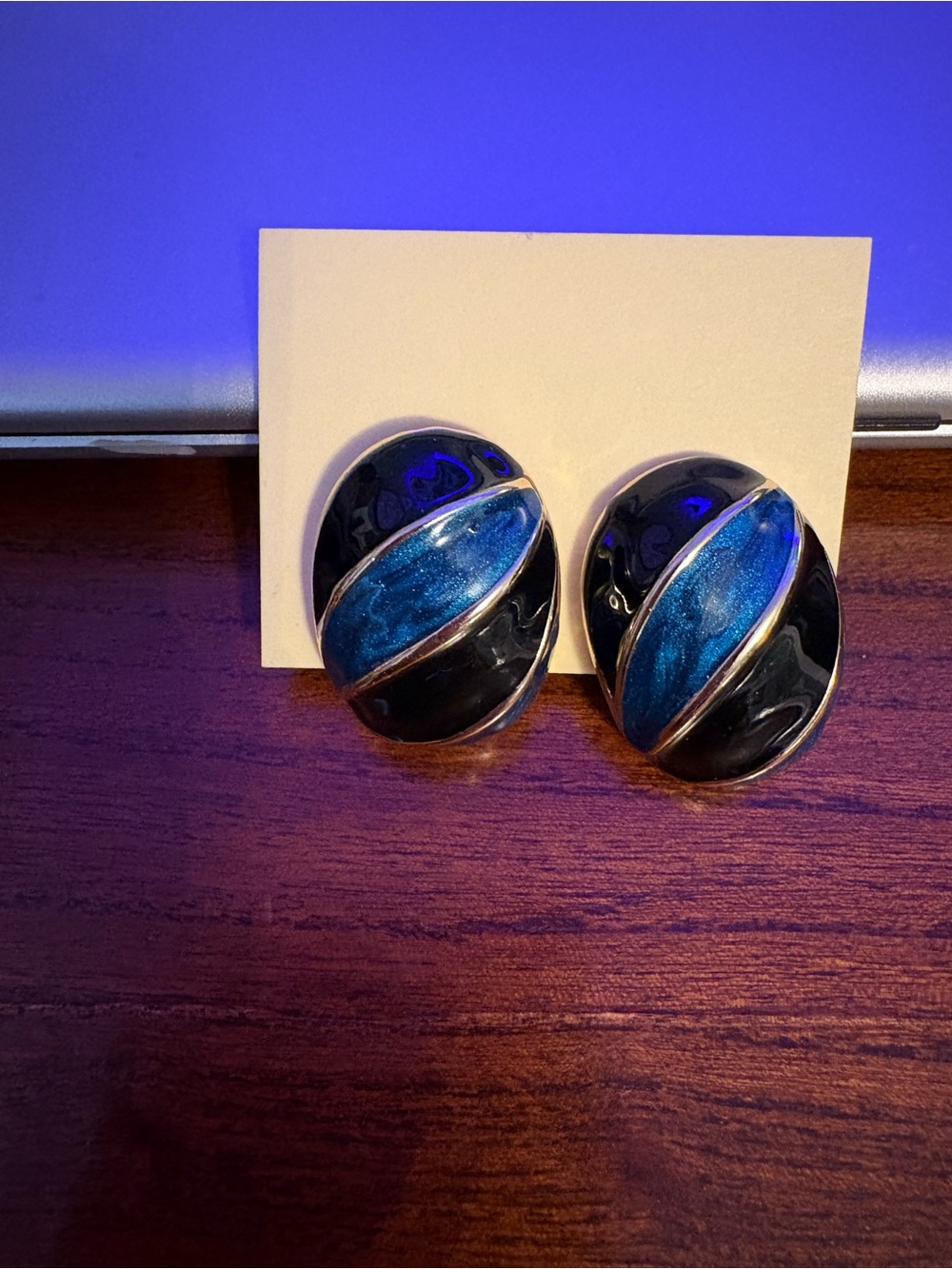 Vintage Blue and Black Oval Enamel Clip-On Earrings - Women Jewelry